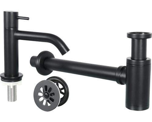 Waschtischarmatur, Siphon und Ablaufgarnitur in matter Ausführung