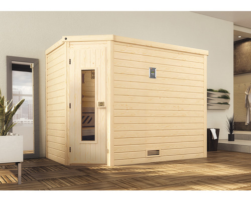 Sauna en bois massif Weka Turku Eck taille 3 avec poêle Bio 7,5 kW et commande numérique et porte en bois avec verre isolant thermiquement