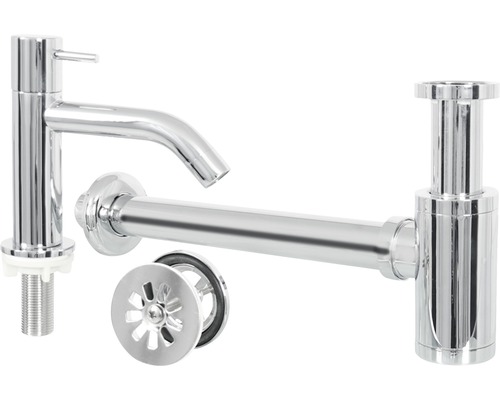 Waschtischarmatur mit Siphon, Ablaufgarnitur und Montagezubehör
