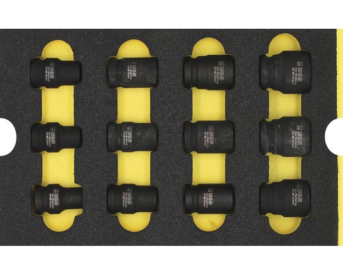 WGB Plateau mousse Embouts de force taille M 268 x 38 x 171 mm noir 12 pièces Jeu de douilles de différentes tailles dans un support jaune