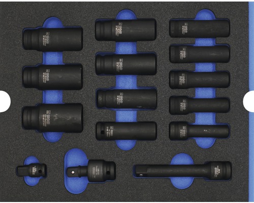 WGB Plateau mousse embouts de force taille L 268 x 38 x 342 mm noir 15 pièces Ensemble complet d''embouts de clé à douille dans un insert en mousse