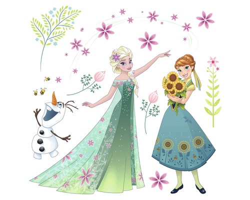 Sticker mural La Reine des neiges avec Elsa, Anna, Olaf, des fleurs et des feuilles