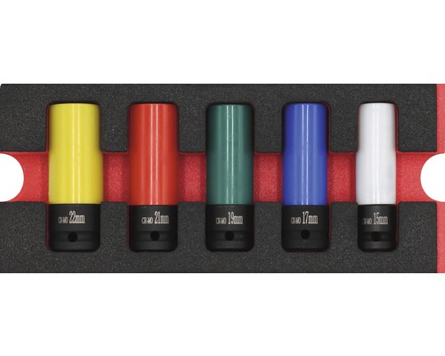 WGB Plateau mousse Composition d'embouts de force 268 x 38 x 114 mm noir 5 pièces Assortiment multicolore de douilles à choc dans une boîte de rangement