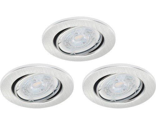 Drei Einbauspots mit runder, gebürsteter Oberfläche