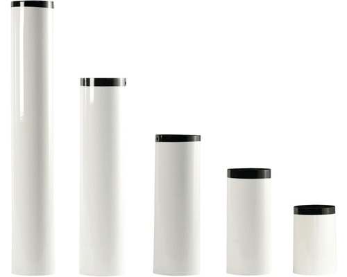 Conduit de poêle Ø 120 mm émaillé blanc 0.50 m Cinq récipients cylindriques blancs de différentes tailles avec couvercles noirs.