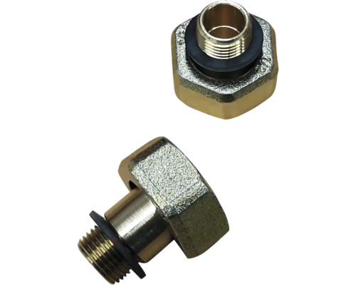 Zwei Messingverschraubungen mit Gewinde und Dichtungsringen