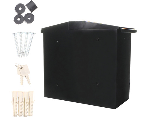 Schwarzer abschliessbarer Briefkasten mit Montagematerial und Schlüsseln