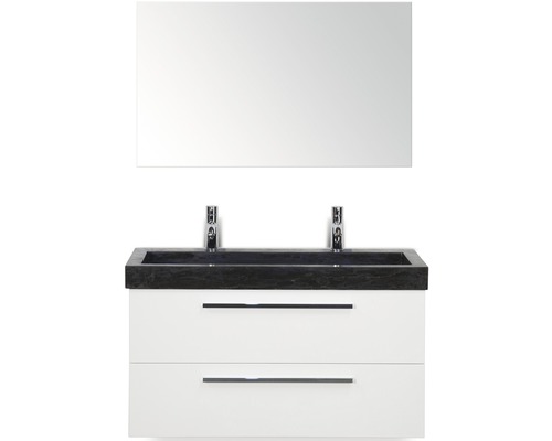 Kit de meubles de salles de bain Seville 100x195 cm blanc haute brillance Meuble-lavabo avec deux tiroirs, plan de toilette et miroir