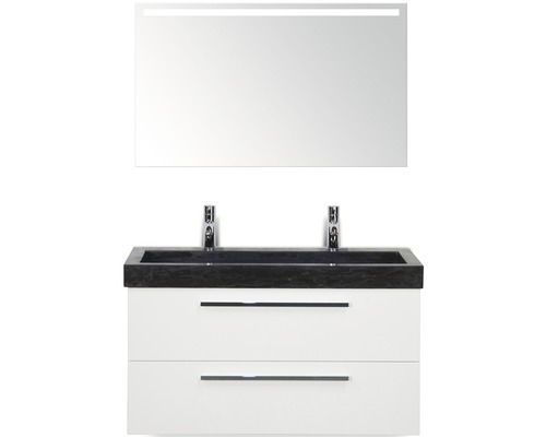 Kit de meubles de salles de bain Seville 100x195 cm blanc haute brillance Ensemble de meuble-lavabo avec miroir et deux tiroirs