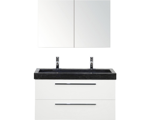 Kit de meubles de salle de bains Seville blanc haute brillance 100x45 cm y compris armoire à glace, 2 tiroirs et lavabo Lucca