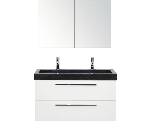 Badmöbelset Seville hochglanz weiss 100x45 cm inklusive Spiegelschrank, 2 Schubladen und Lucca Waschbecken