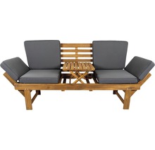 Gartenbank aus Holz mit grauen Polstern und integriertem Klapptisch