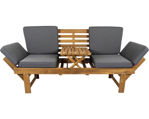 Gartenbank aus Holz mit grauen Polstern und integriertem Klapptisch