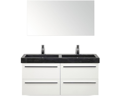 Kit de meubles de salles de bain Seville 120x195 cm blanc haute brillance Meuble-lavabo avec double vasque, robinets, meuble sous-vasque avec tiroirs et miroir