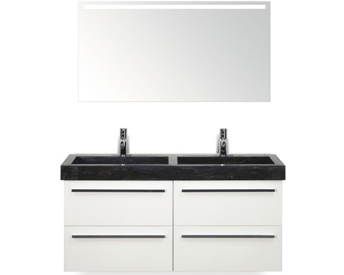 Kit de meubles de salles de bain Seville 120x195 cm blanc haute brillance Meuble-lavabo avec deux lavabos, meuble bas avec quatre tiroirs et miroir éclairé