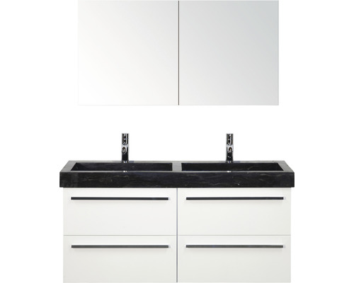 Kit de meubles de salles de bain Seville 120x195 cm blanc haute brillance Ensemble de meubles-lavabos avec double vasque, meuble sous-vasque et armoire de toilette pour la salle de bains