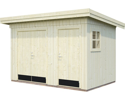 Abri de jardin en bois avec deux portes et une fenêtre