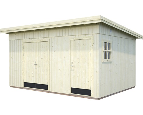 Abri de jardin en bois avec deux portes et une fenêtre