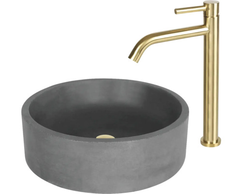 Vasque à poser ronde en béton avec robinet haut