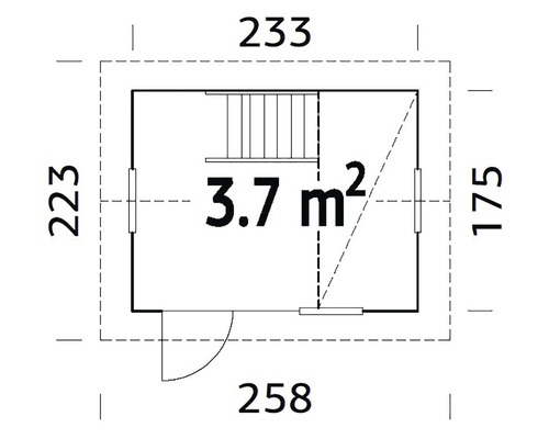 Plan avec dimensions, porte, fenêtre et escalier