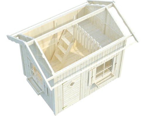 Maison en bois clair en construction brute avec fenêtre, porte et échelle