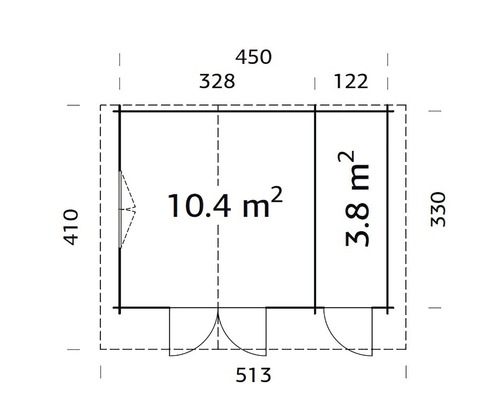 Plan d''un abri de jardin mesurant 450 centimètres sur 330 centimètres.
