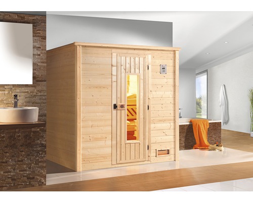 Sauna en bois massif Weka Bergen taille 1 avec poêle Bio 7,5 et commande numérique, et porte en bois avec verre isolant thermiquement