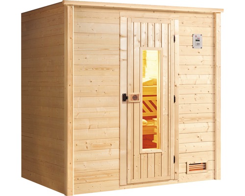Sauna en bois avec porte en verre et commande électronique