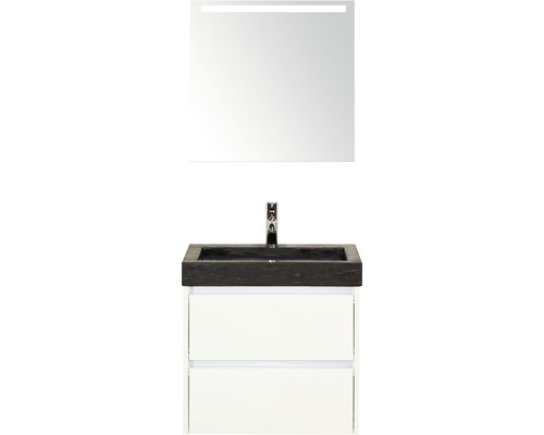 Ensemble de meubles de salle de bains Dante 61x170 cm blanc haute brillance avec miroir et éclairage LED