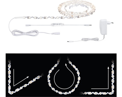 LED-Streifen mit Kabel, Stecker und Montagebeispielen