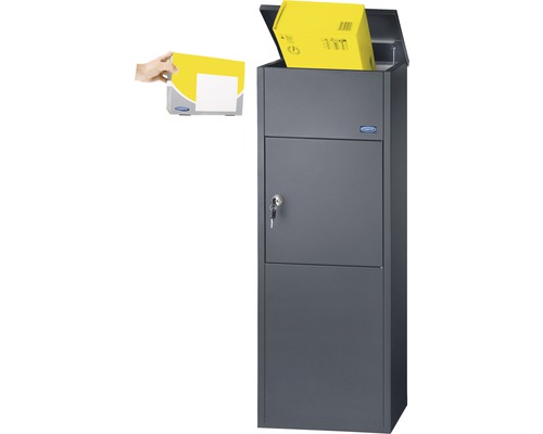 Boîte aux lettres pour colis avec des paquets et une main qui dépose une lettre