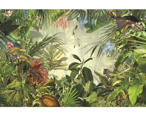 Papier peint panoramique intissé XXL4-031 Into the Wild 4 pces 368 x 248 cm Papier peint jungle avec plantes, singes, perroquet et tigre