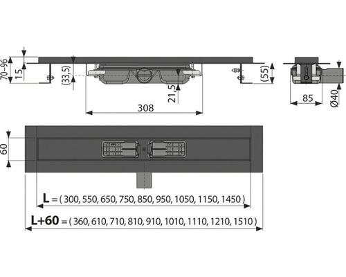 Schéma technique d''un drain de douche avec dimensions
