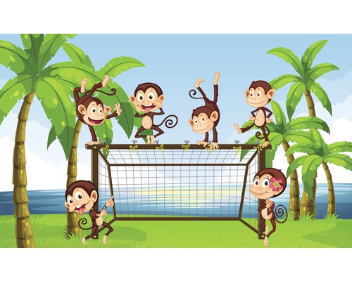 Papier peint photo papier Petits singes, décor Foot 254 x 184 cm Illustration de singes jouant sur un but de foot, avec des palmiers en arrière-plan