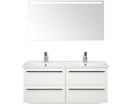 Kit de meubles de salle de bains Seville blanc haute brillance 120x45 cm y compris miroir éclairé, 4 tiroirs et lavabo Enjoy