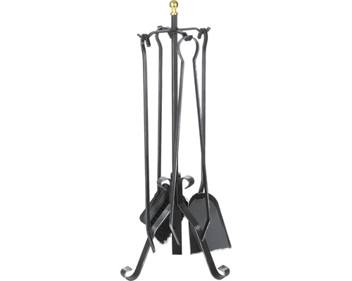 Accessoires pour cheminée Lienbacher Fer noir nu comprenant balai pince tisonnier pelle Serviteur de cheminée avec pelle, balai, tisonnier et pince