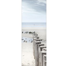 Fotografie mit einer Reihe von Holzpfosten an einem Sandstrand