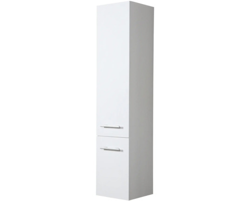 Armoire haute de salle de bain blanche avec deux tiroirs et poignées