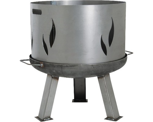 Feuerstelle aus Metall mit Flammenmuster und drei Beinen