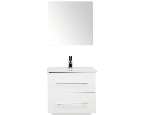 Set de meubles de salle de bains Sanox Stretto lxhxp 61 x 170 x 39 cm couleur de façade blanc haute brillance avec vasque en céramique blanc et meuble sous vasque vasque miroir