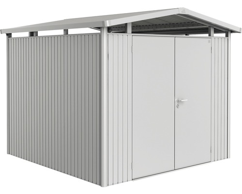 Gartenhaus biohort Panorama P4 mit Doppeltür, Regal und Dachrinne 273 x 278 cm silber-metallic