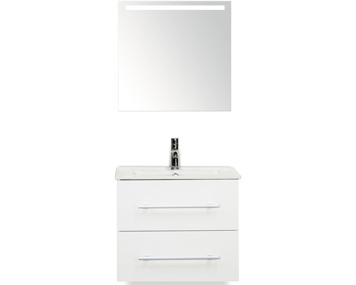 Set de meubles de salle de bains Sanox Stretto lxhxp 61 x 170 x 39 cm couleur de façade blanc haute brillance avec vasque en céramique blanc et meuble sous vasque vasque miroir avec éclairage LED