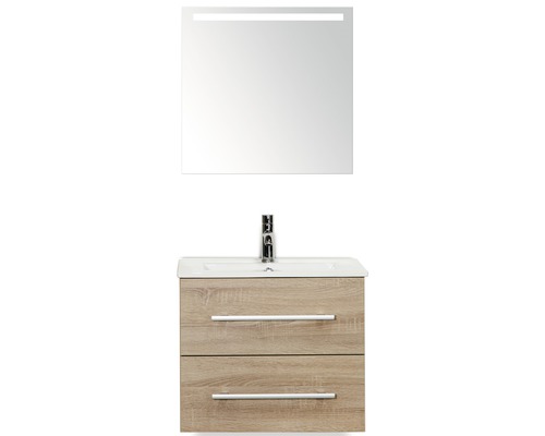Set de meubles de salle de bains Sanox Stretto lxhxp 61 x 170 x 39 cm couleur de façade chêne gris avec vasque en céramique blanc et meuble sous vasque vasque miroir avec éclairage LED