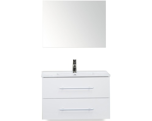 Set de meubles de salle de bains Sanox Stretto lxhxp 81 x 170 x 39 cm couleur de façade blanc haute brillance avec vasque en céramique blanc et meuble sous vasque vasque miroir Meuble-lavabo avec miroir, deux tiroirs et robinet pour la salle de bains