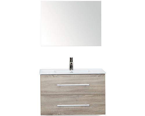 Set de meubles de salle de bains Sanox Stretto lxhxp 81 x 170 x 39 cm couleur de façade chêne gris avec vasque en céramique blanc et meuble sous vasque vasque miroir