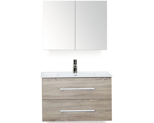 Badmöbelset Stretto Eiche grau 80x40 cm inklusive Spiegelschrank, 2 Schubladen und Waschbecken