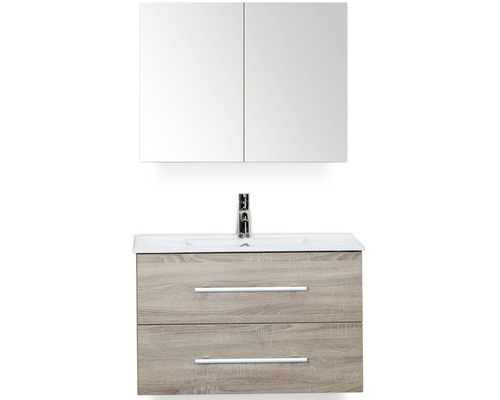 Badmöbelset Stretto Eiche grau 80x40 cm inklusive Spiegelschrank, 2 Schubladen und Waschbecken Badmöbelset Stretto Eiche grau 80x40 cm inklusive Spiegelschrank, 2 Schubladen und Waschbecken