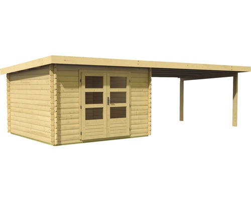 Abri de jardin en bois avec double porte et abri voiture