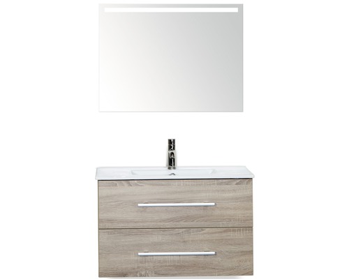 Set de meubles de salle de bains Sanox Stretto lxhxp 81 x 170 x 39 cm couleur de façade chêne gris avec vasque en céramique blanc et meuble sous vasque vasque miroir avec éclairage LED Meuble-lavabo avec deux tiroirs, lavabo à poser, robinet et miroir éclairé