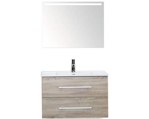 Set de meubles de salle de bains Sanox Stretto lxhxp 81 x 170 x 39 cm couleur de façade chêne gris avec vasque en céramique blanc et meuble sous vasque vasque miroir avec éclairage LED